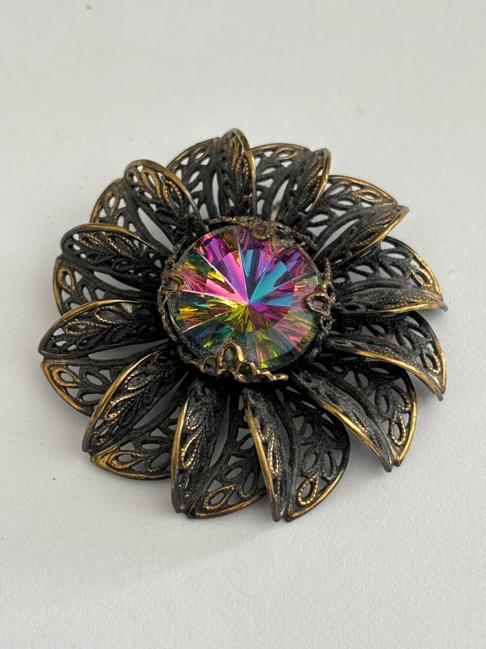 Vintage Multicolored Rhinestone Filigree Brooch